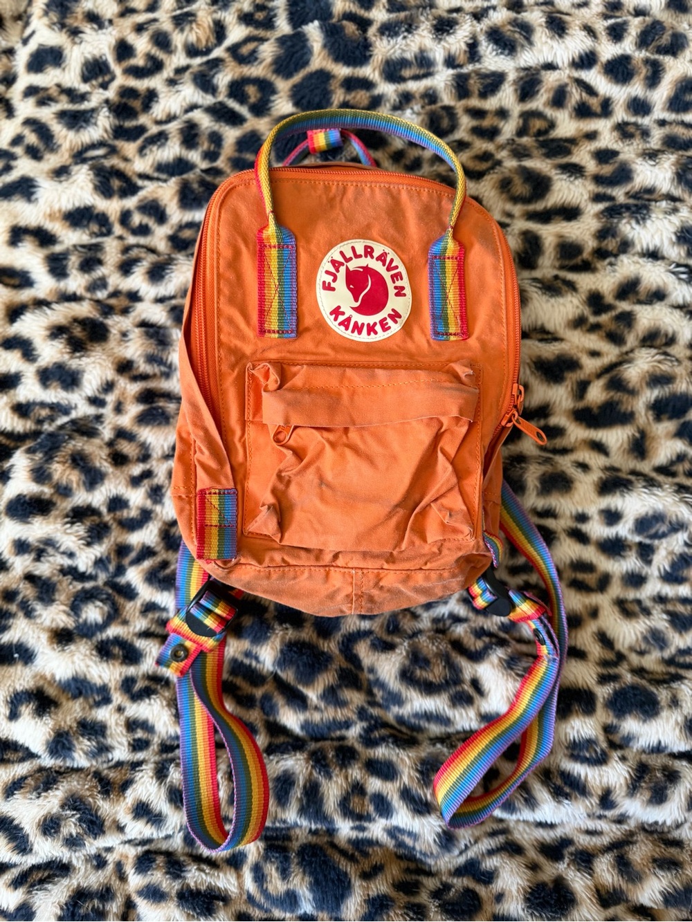 Fjallraven Kånken Mini Backpack in Orange with Rainbow Straps